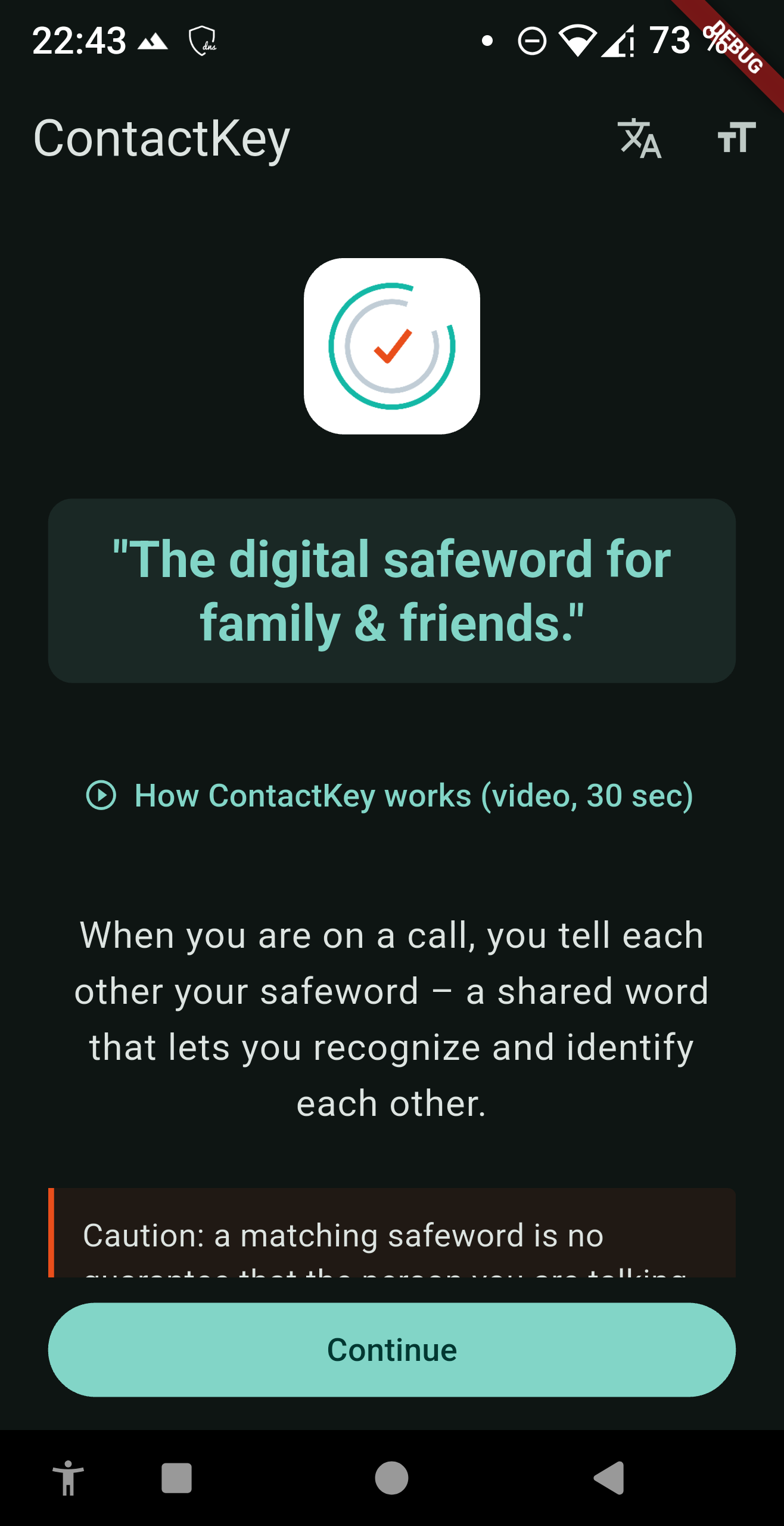 Willkommensbildschirm der ContactKey-App